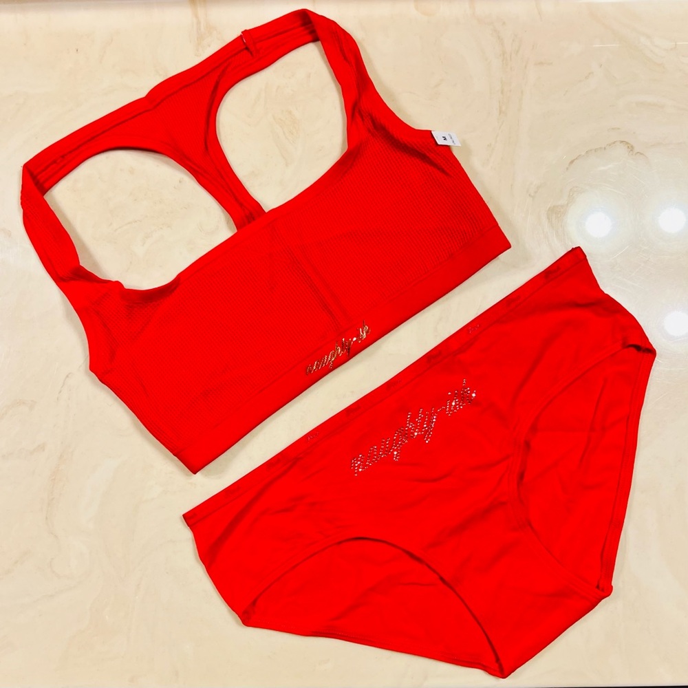 PINK VICTORIA’S SECRET Cotton Dorm Bralette Hipster Panties Red  “naughty-ish” L